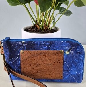 Blue Starry Patterned Wristlet With Brown Cork Accent